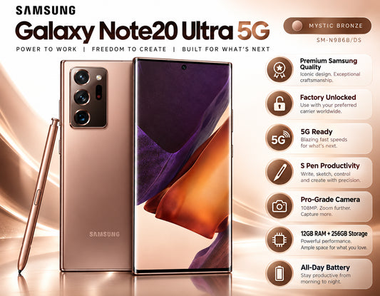 Bronze Samsung Galaxy Note20 Ultra phone front and back view, quad rear cameras