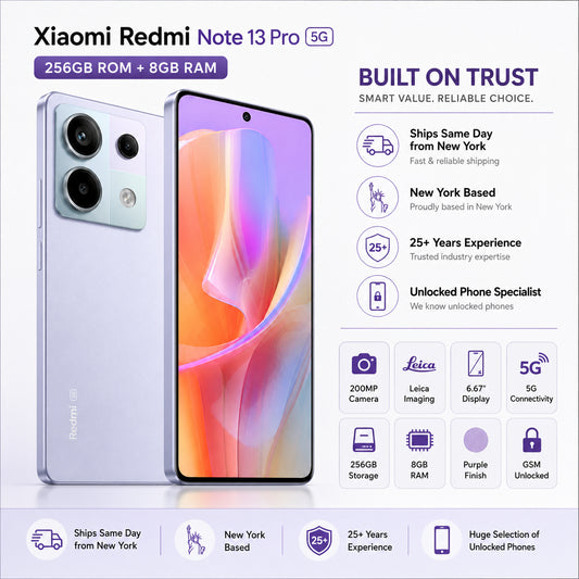 Xiaomi Redmi Note 13 Pro 5G Smartphone with purple front display and light back, triple rear camera module