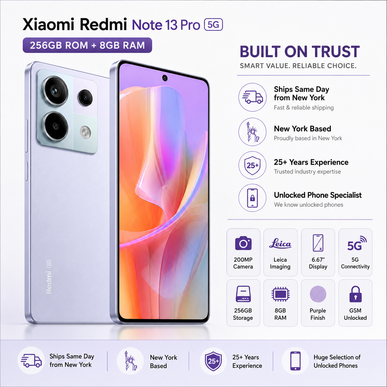 Xiaomi Redmi Note 13 Pro 5G Dual SIM 256GB ROM 8GB RAM GSM Unlocked - Purple