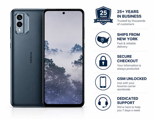 Nokia X30 5G Blue 5G smartphone with front and back plus security and shipping badges