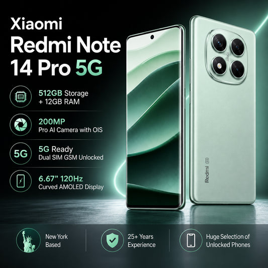 Xiaomi Redmi Note 14 Pro 5G dual-sim smartphone, front and back, green