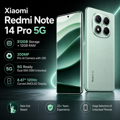 Xiaomi Redmi Note 14 Pro 5G 512GB ROM 12GB RAM Dual SIM GSM Unlocked - Coral Green