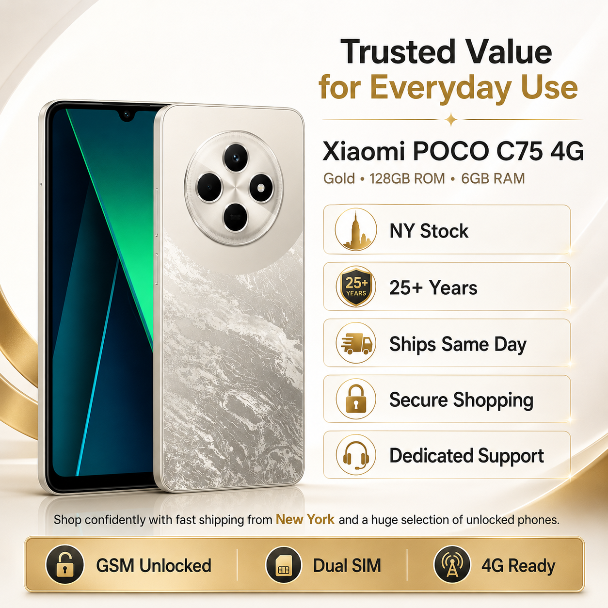 Xiaomi Poco C75 4G 128GB ROM 6GB RAM Dual SIM GSM Unlocked - Gold