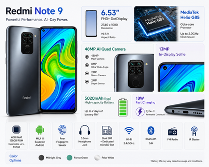 Xiaomi Redmi Note 9 4GB RAM + 128GB, 48MP Quad Camera Unlocked - Onyx Black