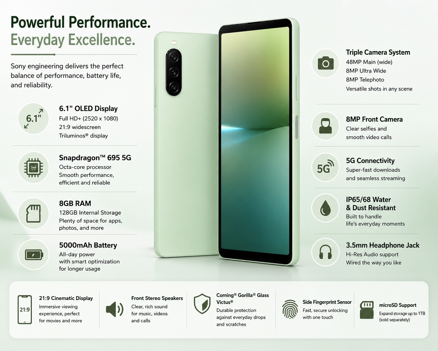 Sony Xperia 10 V XQ-DC72 Green Sony Xperia 10 V smartphone, front and back with triple camera