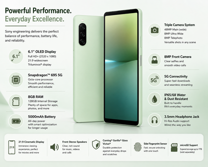 Sony Xperia 10 V XQ-DC72 Green Sony Xperia 10 V smartphone, front and back with triple camera