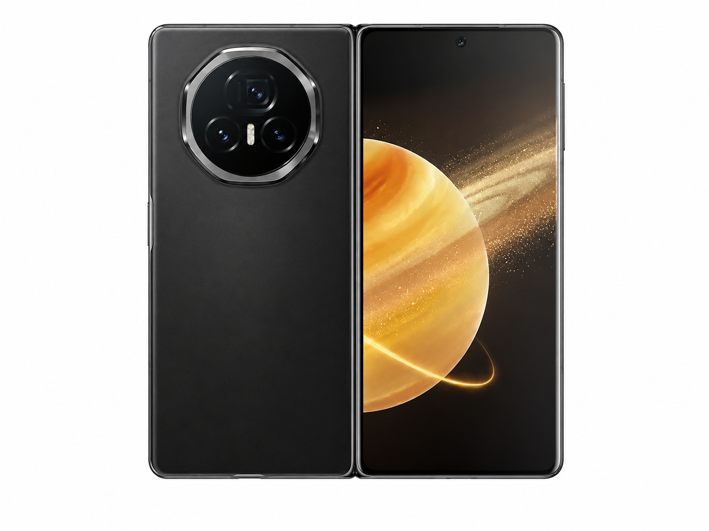 Black foldable smartphone with dual rear cameras and open inner display
