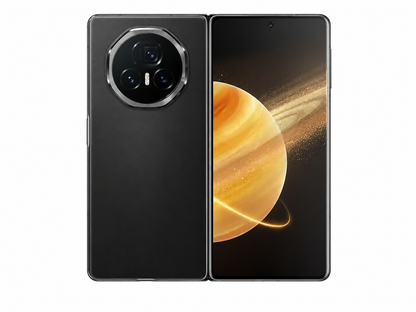 Black foldable smartphone with dual rear cameras and open inner display