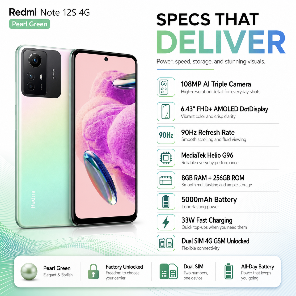 Xiaomi Redmi Note 12s 4G Dual SIM 256GB ROM 8GB RAM GSM Unlocked - Pearl Green