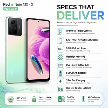 Xiaomi Redmi Note 12s 4G Dual SIM 256GB ROM 8GB RAM GSM Unlocked - Pearl Green