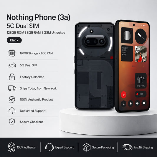 Nothing Phone (3a) black smartphone on pedestal beside feature list graphics