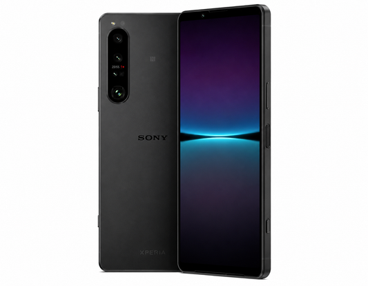 Black Sony Xperia 1 IV gaming smartphone, front and back views with camera module