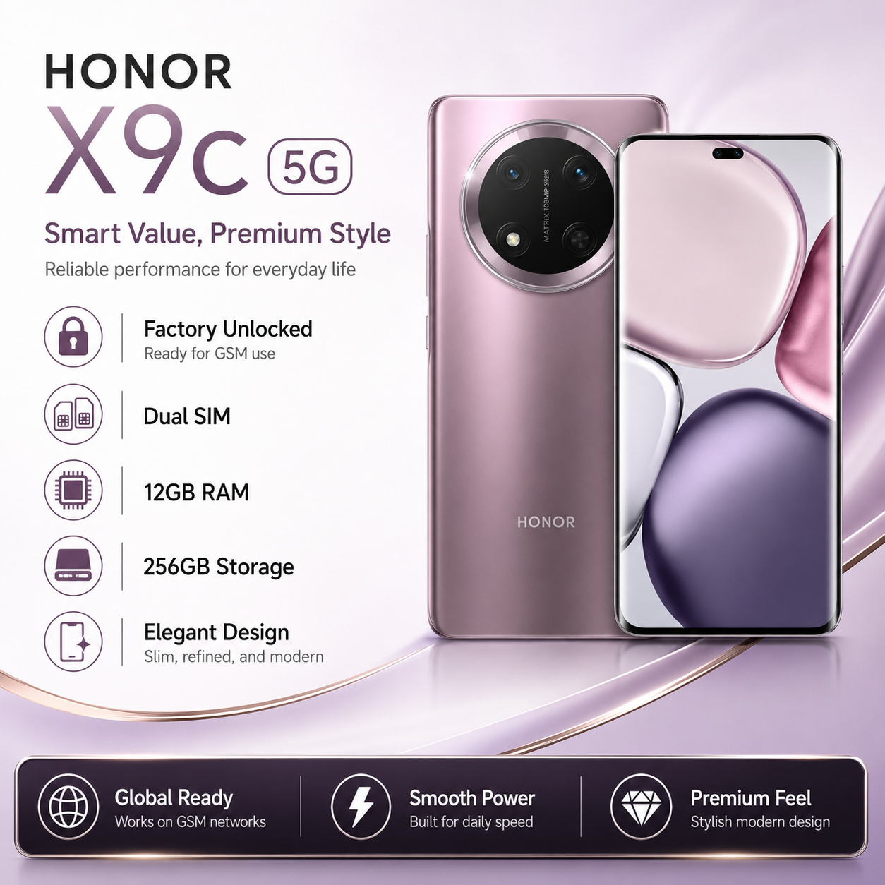 Purple dual SIM smartphone shown with front and back views, camera module visible