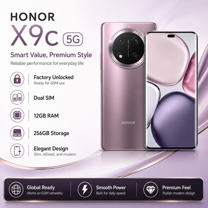 Purple dual SIM smartphone shown with front and back views, camera module visible