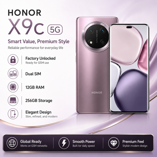 Purple dual SIM smartphone shown with front and back views, camera module visible