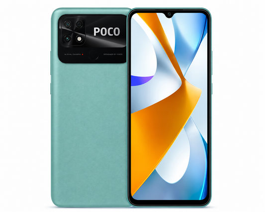 Poco C40 4G Coral green smartphone with POCO logo, front screen showing colorful abstract shapes.