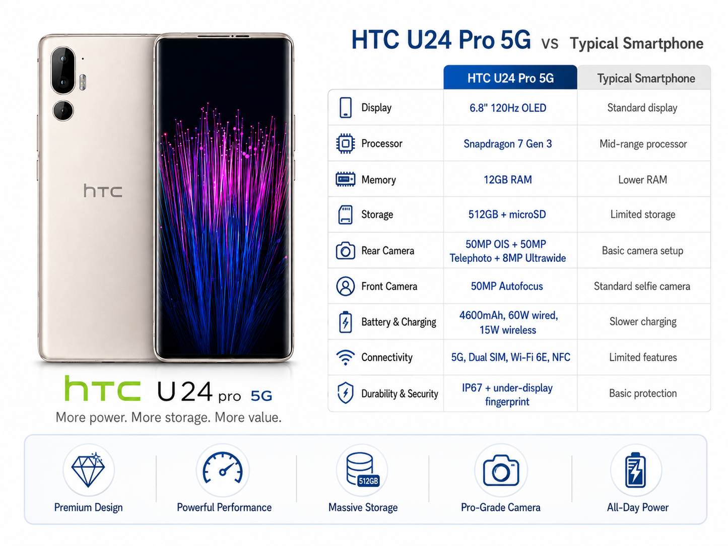 White HTC U24 Pro 5G smartphone front and back views with rear dual cameras