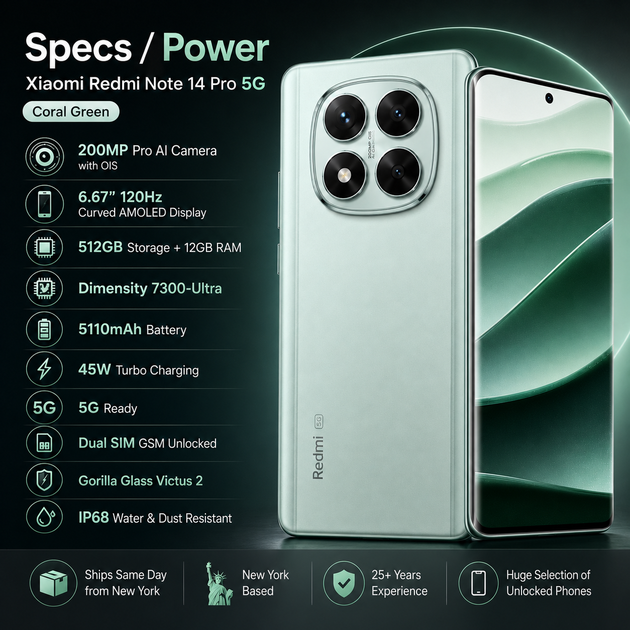 Xiaomi Redmi Note 14 Pro 5G 512GB ROM 12GB RAM Dual SIM GSM Unlocked - Coral Green