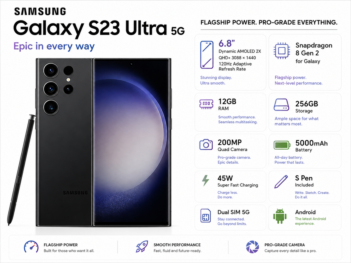 Samsung Galaxy S23 Ultra 5G front and back view of black smartphone with S Pen
