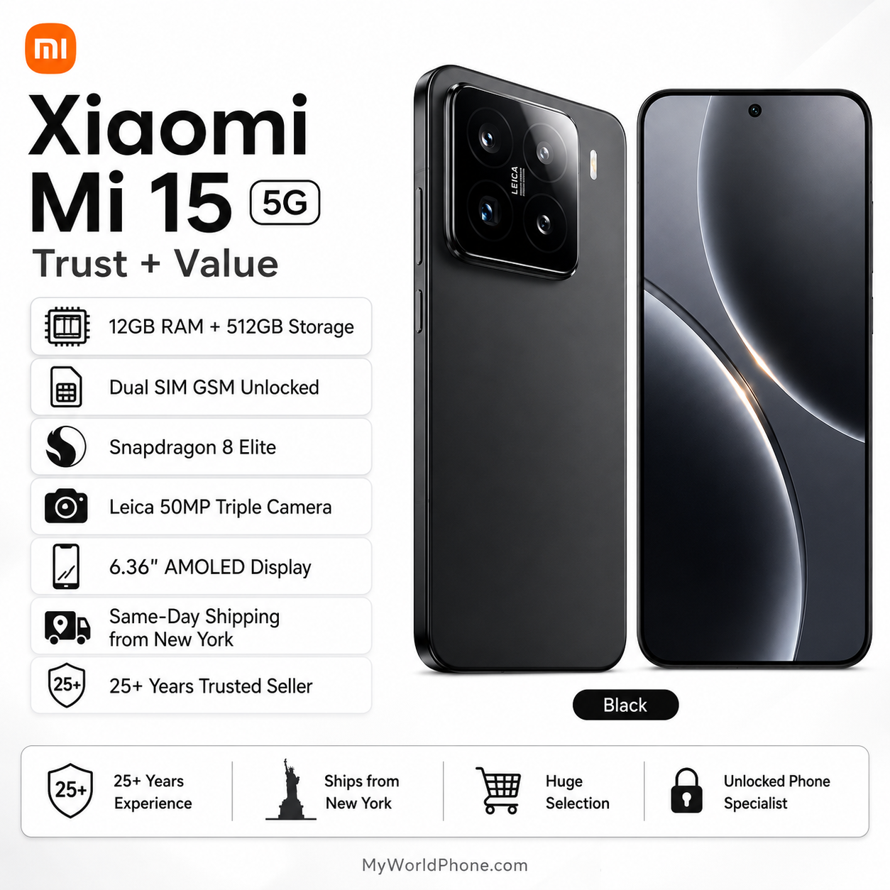 Xiaomi Mi 15 5G 512GB ROM 12GB RAM Dual SIM GSM Unlocked - Black