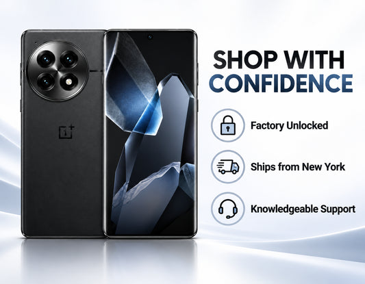 Black OnePlus 13 5G dual SIM smartphone shown front and back with camera module