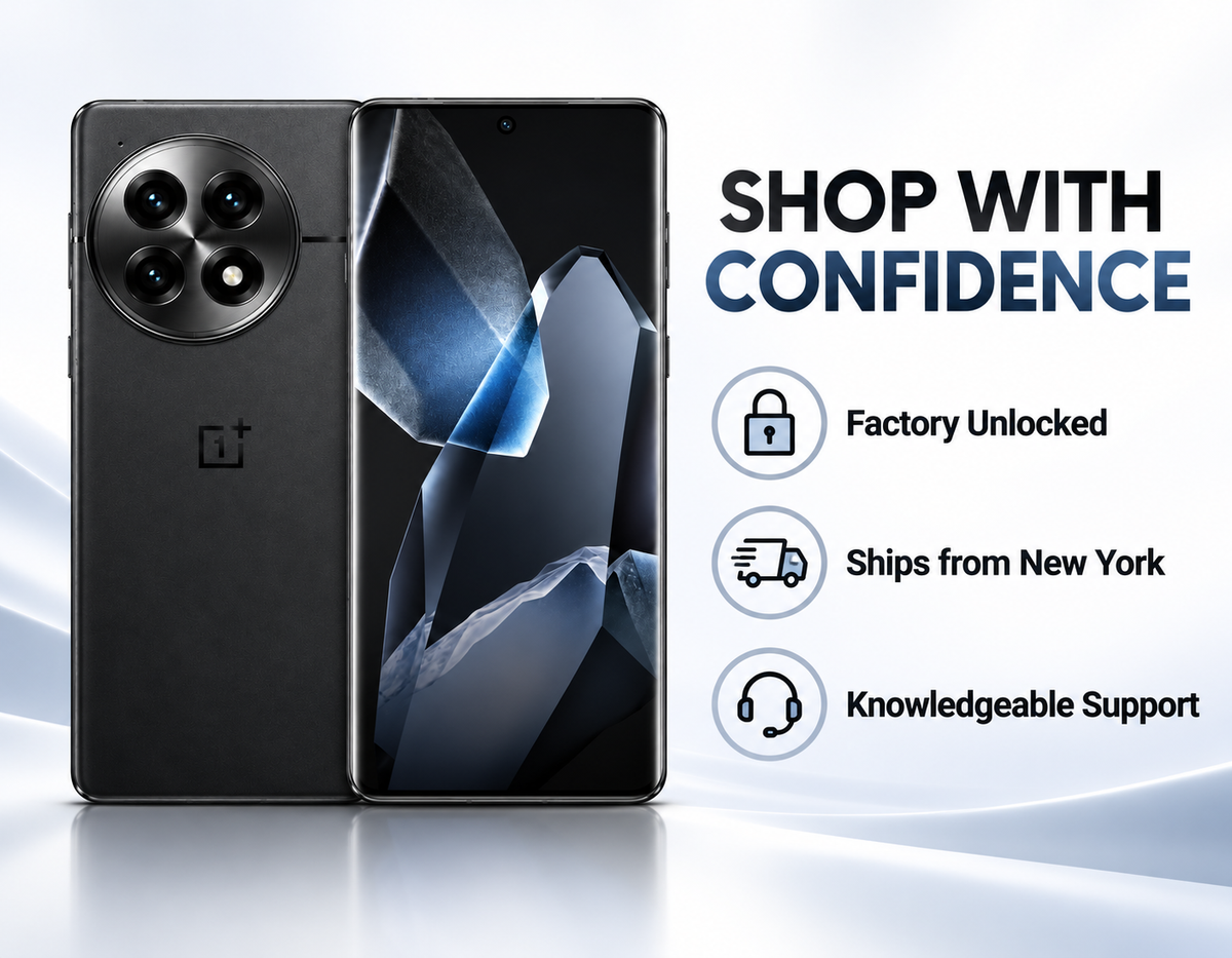Black OnePlus 13 5G dual SIM smartphone shown front and back with camera module