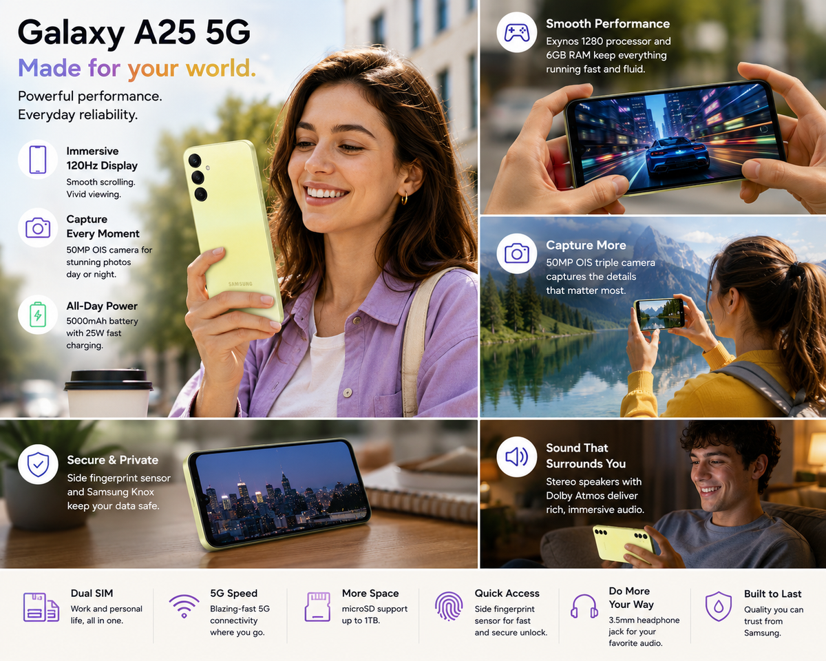 Yellow Samsung Galaxy A25 5G smartphone held in a hand, front display visible