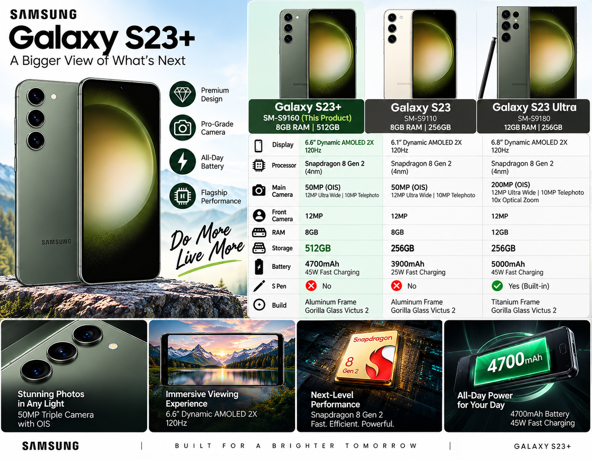 Green Samsung Galaxy S23+ phone lineup panel showing front and rear views.