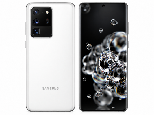 Samsung Galaxy S20 Ultra 5G smartphone in Cloud White, back and front view