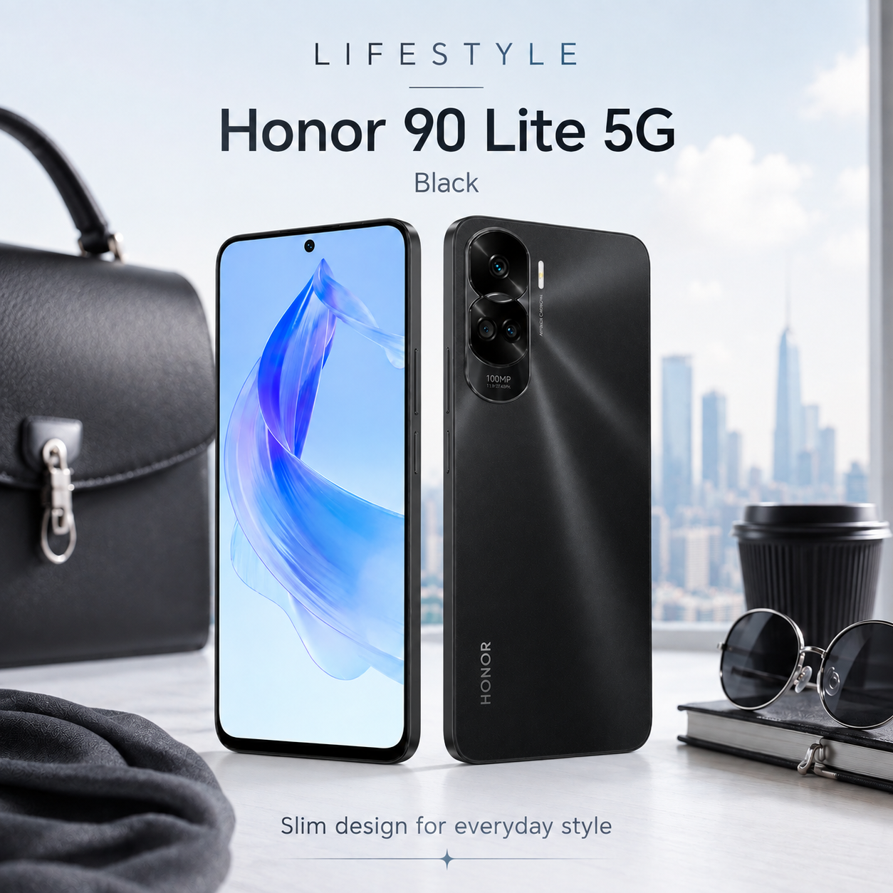 Black Honor 90 Lite 5G smartphone with front screen and rear triple camera