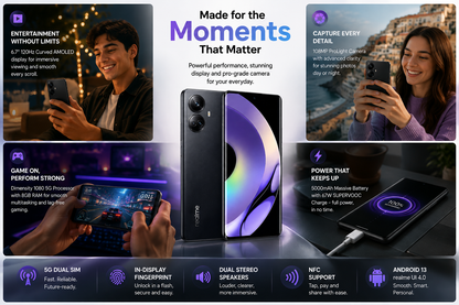 Realme 10 Pro+ 5G Black Realme smartphone front and back, dual rear cameras visible.