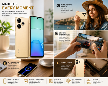 Gold dual-SIM smartphone showing front and back, mint-to-blue screen, held in hands