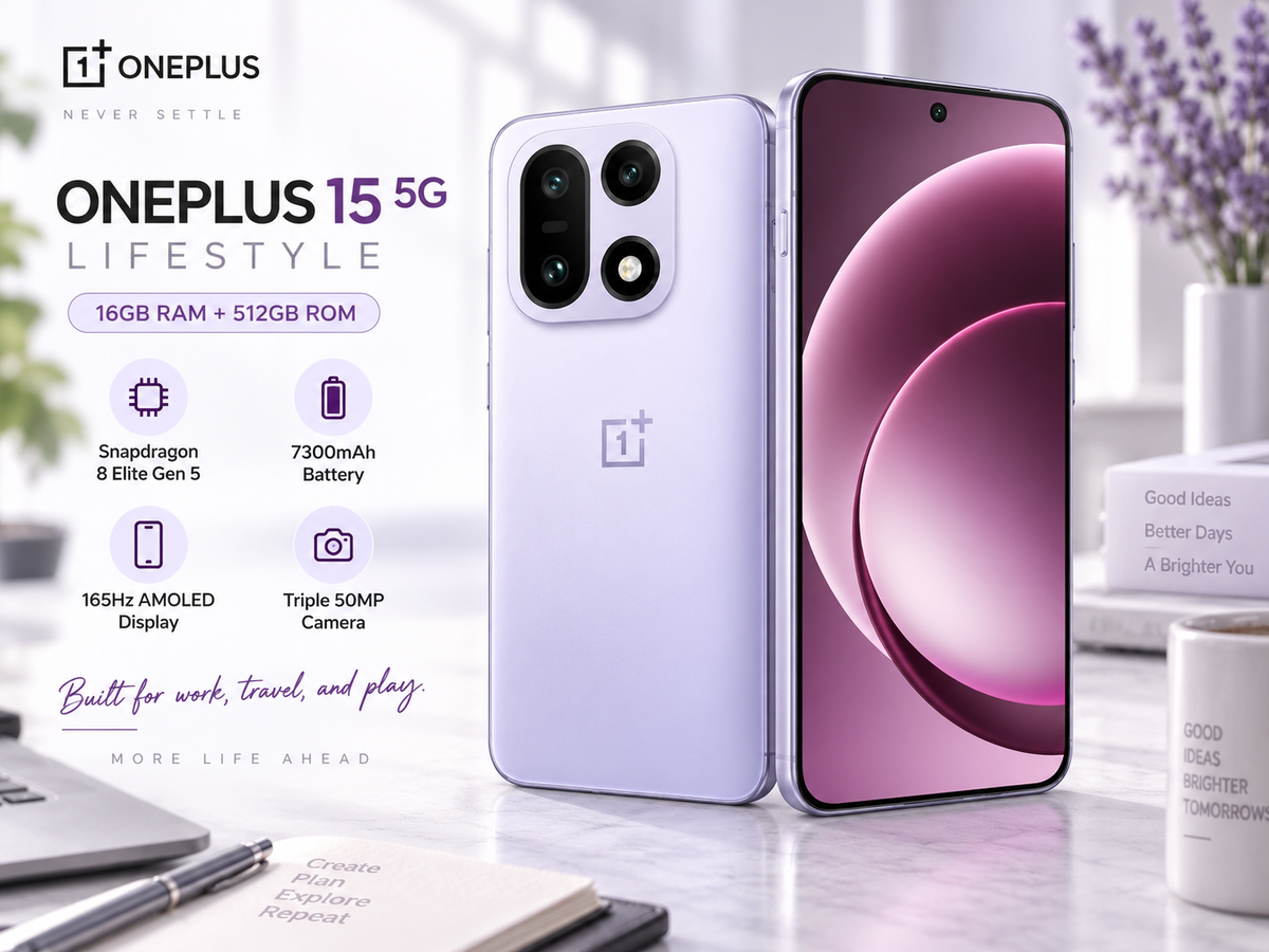 OnePlus 15 5G Violet smartphone showing rear camera cluster and front display with curved lines
