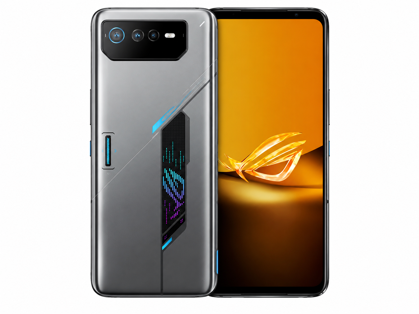 Space gray ASUS ROG Phone 6D smartphone, back and front with orange screen