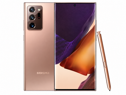 Mystic Bronze Samsung Galaxy Note20 Ultra with stylus beside front and rear cameras