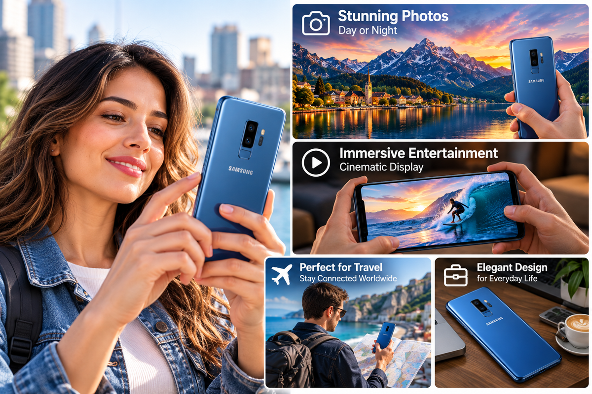 Woman holding a blue Samsung Galaxy S9+ smartphone