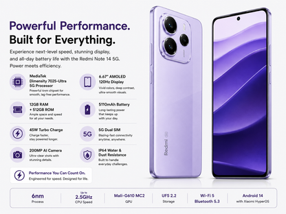 Xiaomi Redmi Note 14 5G 512GB ROM 12GB RAM Dual Sim GSM Unlocked - Lavender Purple