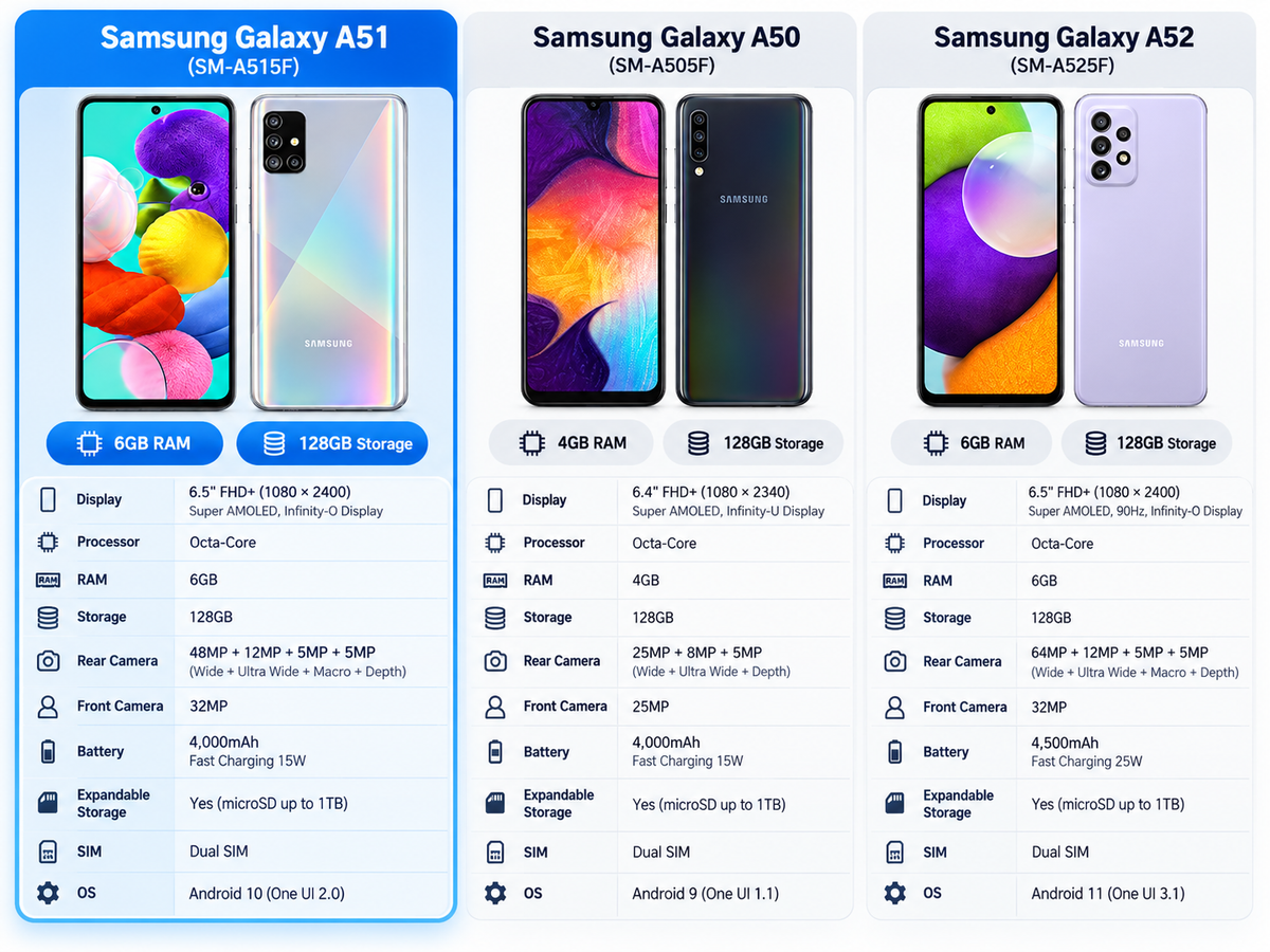 Samsung Galaxy A51 Samsung Galaxy smartphone models shown side by side on a spec card, various colors