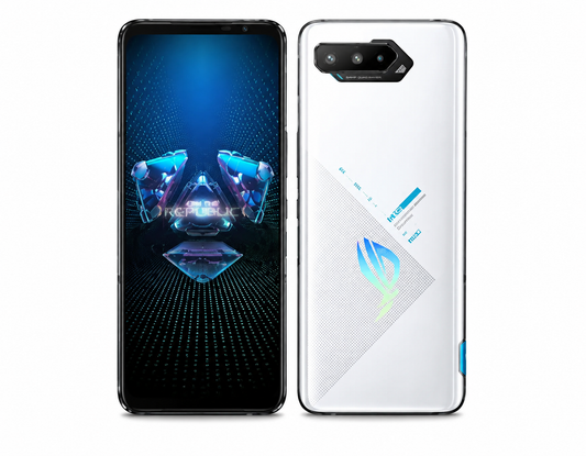 White ASUS ROG Phone 5s smartphone, front screen and rear camera side shown
