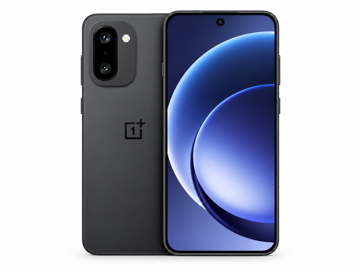 OnePlus 15R 5G Charcoal black smartphone front and back with blue AMOLED display