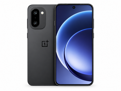 OnePlus 15R 5G Charcoal black smartphone front and back with blue AMOLED display