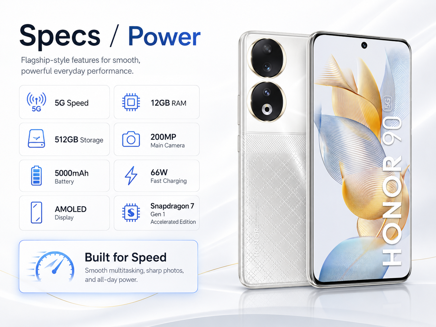 Honor 90 5G Diamond Silver smartphone showing rear dual cameras and curved front display