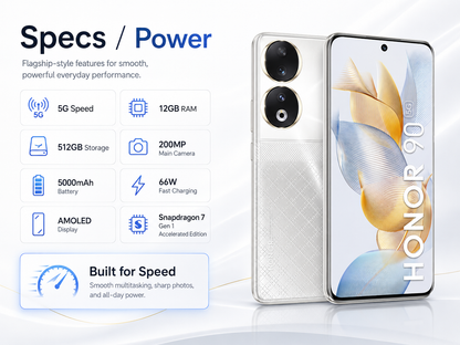 Honor 90 5G Diamond Silver smartphone showing rear dual cameras and curved front display