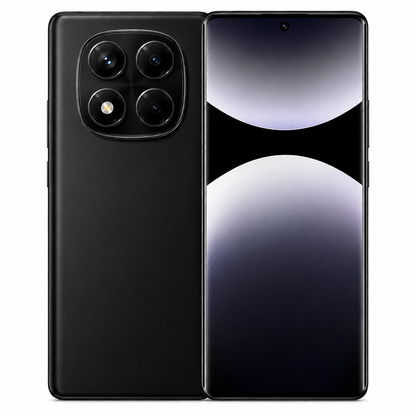 Midnight black smartphone with quad rear cameras and front display, dual SIM design.