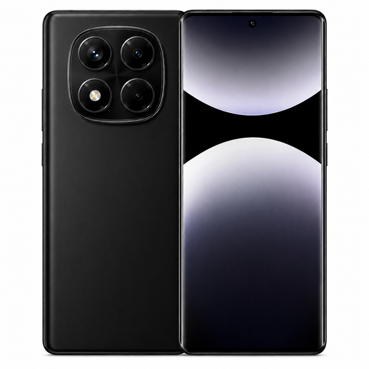 Midnight black smartphone with quad rear cameras and front display, dual SIM design.