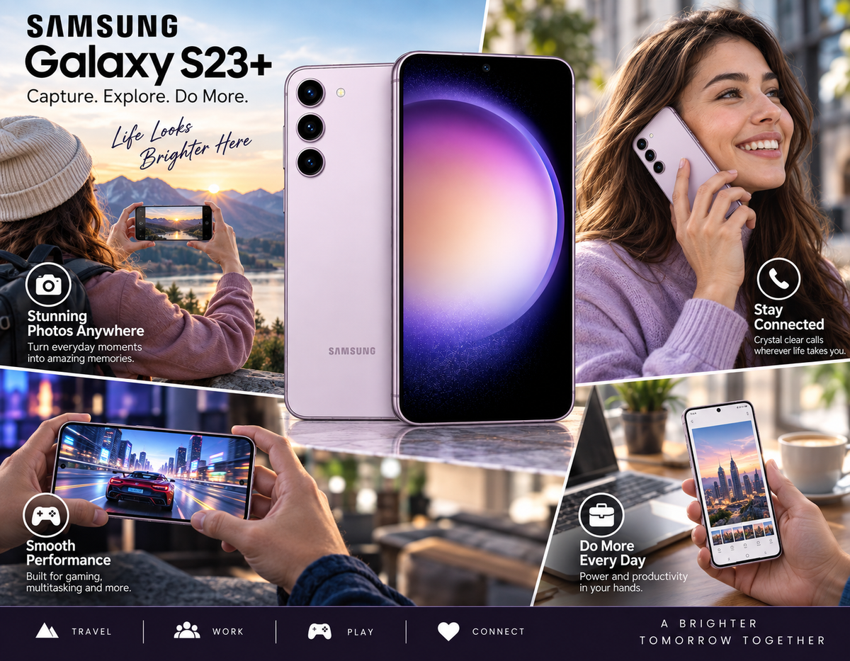 Lavender Samsung Galaxy S23+ smartphone shown in use, woman holding and talking on phone