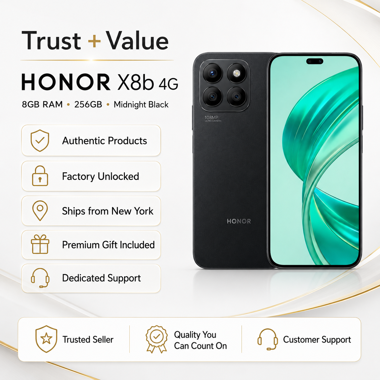 Midnight black HONOR smartphone, teal display with notch and quad rear camera setup