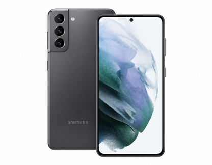 Samsung Galaxy S21 5G smartphone in gray, front screen and rear cameras visible