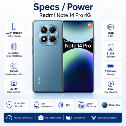 Xiaomi Redmi Note 14 Pro 4G 512GB ROM 12GB RAM Dual SIM GSM Unlocked - Ocean Blue