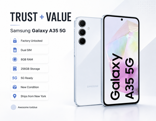 Samsung Galaxy A35 5G Ice blue dual-SIM smartphone with front and back, shown standing upright.